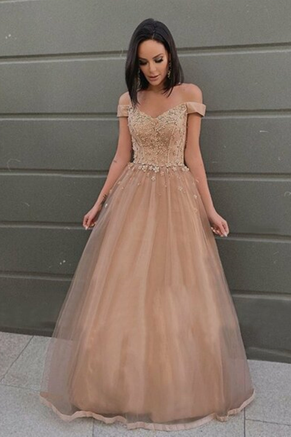 Off Shoulder Champagne Lace Long Prom Dresses, Champagne Lace Formal Graduation Evening Dresses EP1490