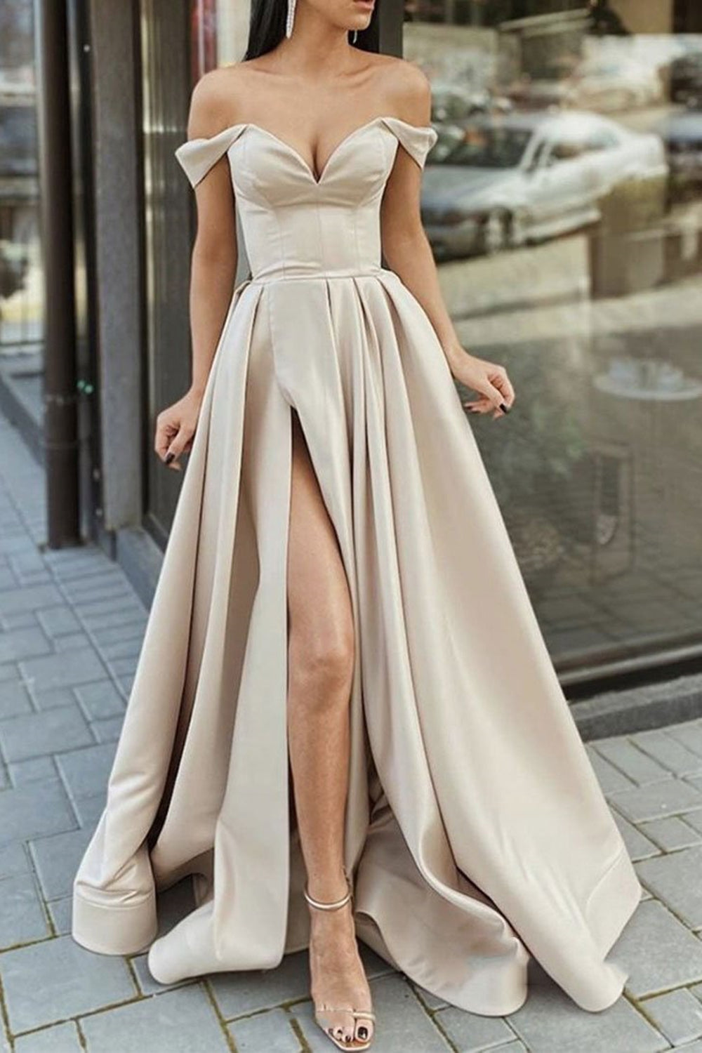 Off Shoulder Champagne Satin Long Prom Dresses with High Slit, Champag Eip Collection Off Shoulder Champagne Satin Long Prom Dresses with High Slit, Champag Eip Collection