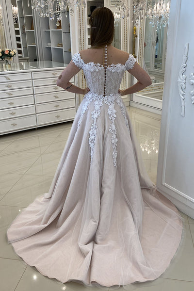 Off Shoulder Champagne Tulle Lace Long Prom Dresses, Off Shoulder Champagne Formal Dresses, Champagne Lace Evening Dresses EP1680