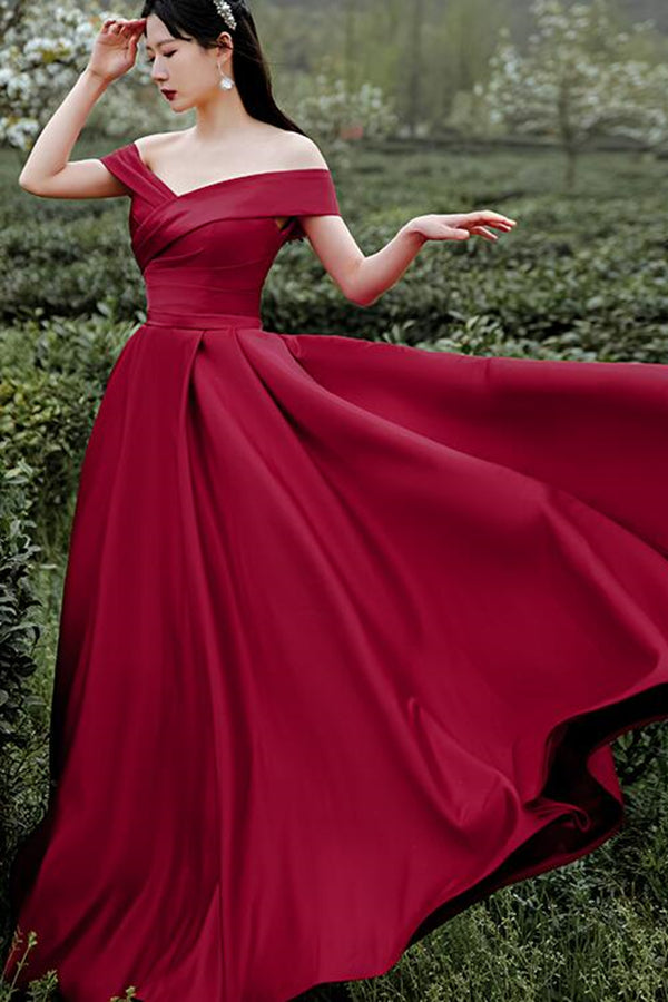 Off Shoulder Dark Red Satin Long Prom Dress, Off the Shoulder Dark Red – Eip Collection