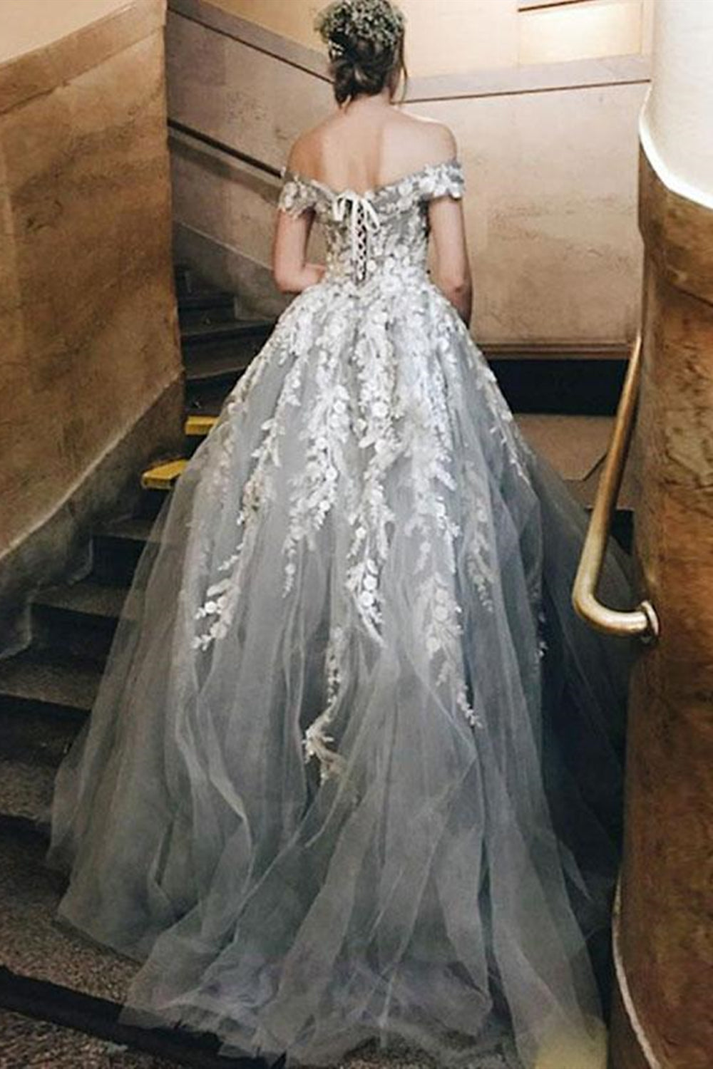 Off Shoulder Gray Lace Long Prom Dresses, Off the Shoulder