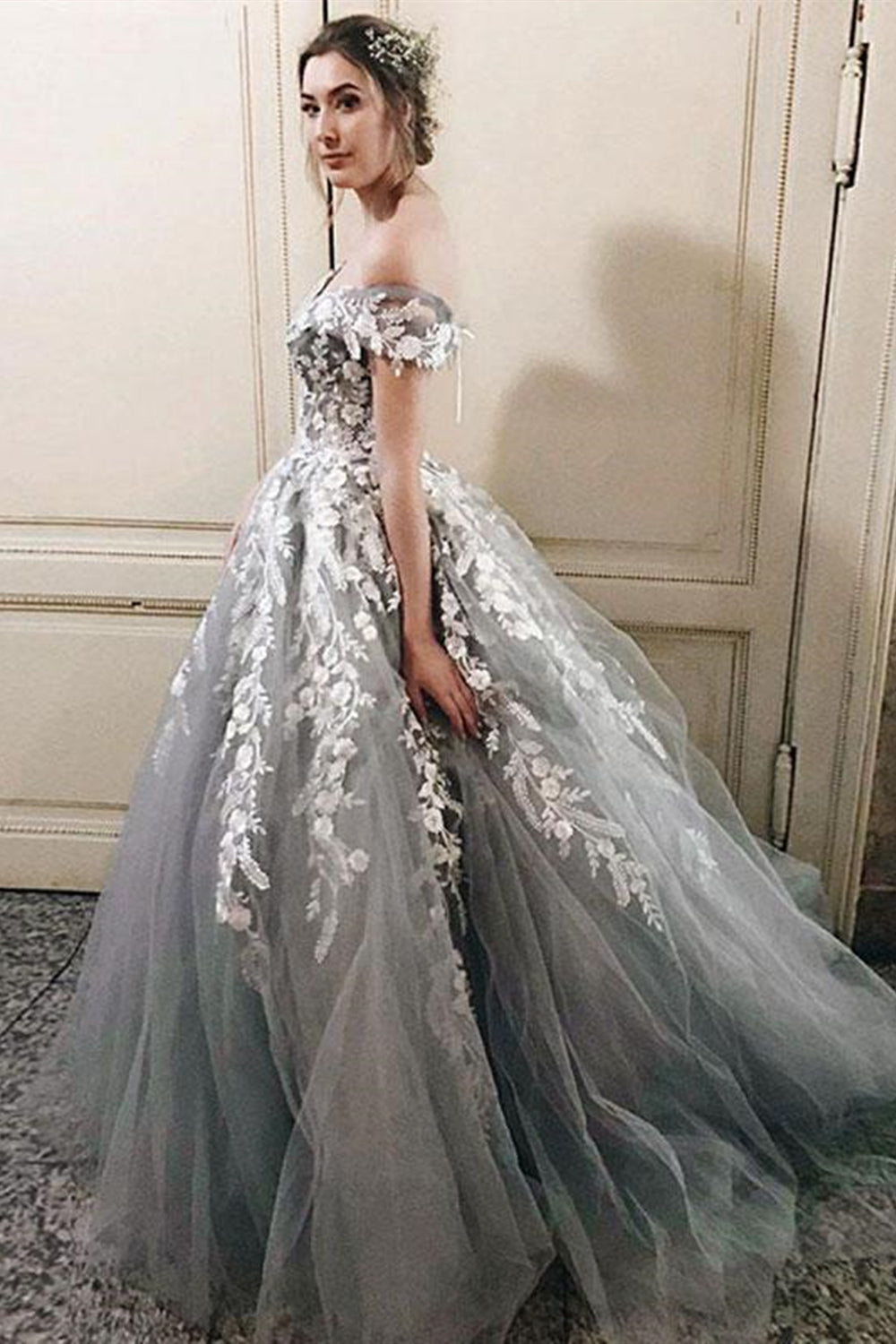 Off Shoulder Gray Lace Long Prom Dresses, Off the Shoulder Gray Formal Eip Collection Off Shoulder Gray Lace Long Prom Dresses, Off the Shoulder Gray Formal Eip Collection