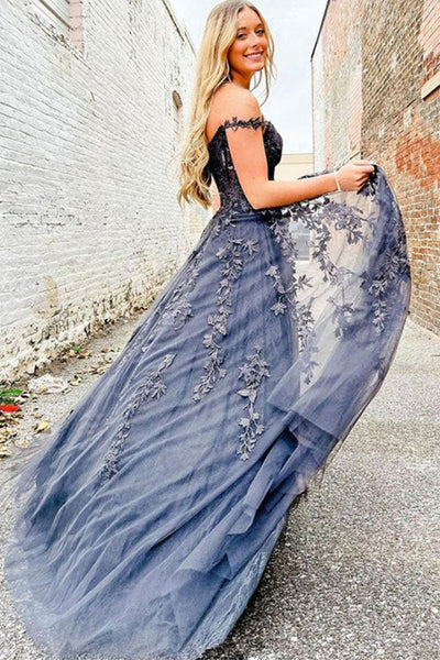 Off Shoulder Gray Lace Tulle Long Prom Dresses with High Slit, Gray Lace Formal Graduation Evening Dresses EP1893