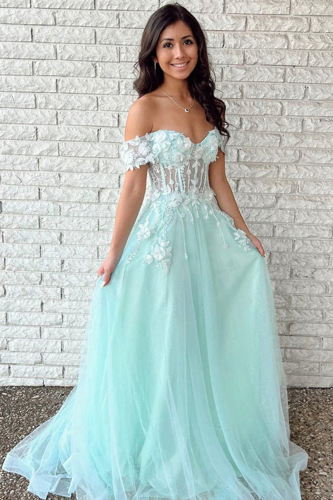 Off Shoulder Green/Blue Tulle Long Prom Dresses with Lace Appliques, G Eip Collection Off Shoulder Green/Blue Tulle Long Prom Dresses with Lace Appliques, G Eip Collection