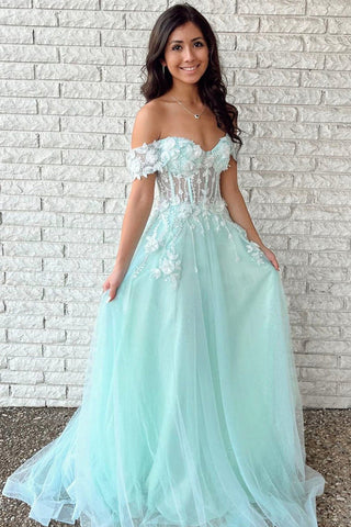 Off Shoulder Green/Blue Tulle Long Prom Dresses with Lace Appliques, Green/Blue Formal Graduation Evening Dresses EP1706