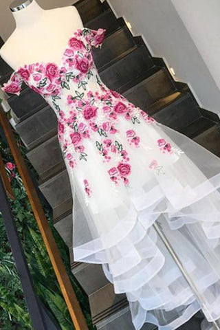 Off Shoulder High Low White Prom Dresses with Appliques, High Low White Formal Dresses, Off Shoulder White Evening Dresses EP1560