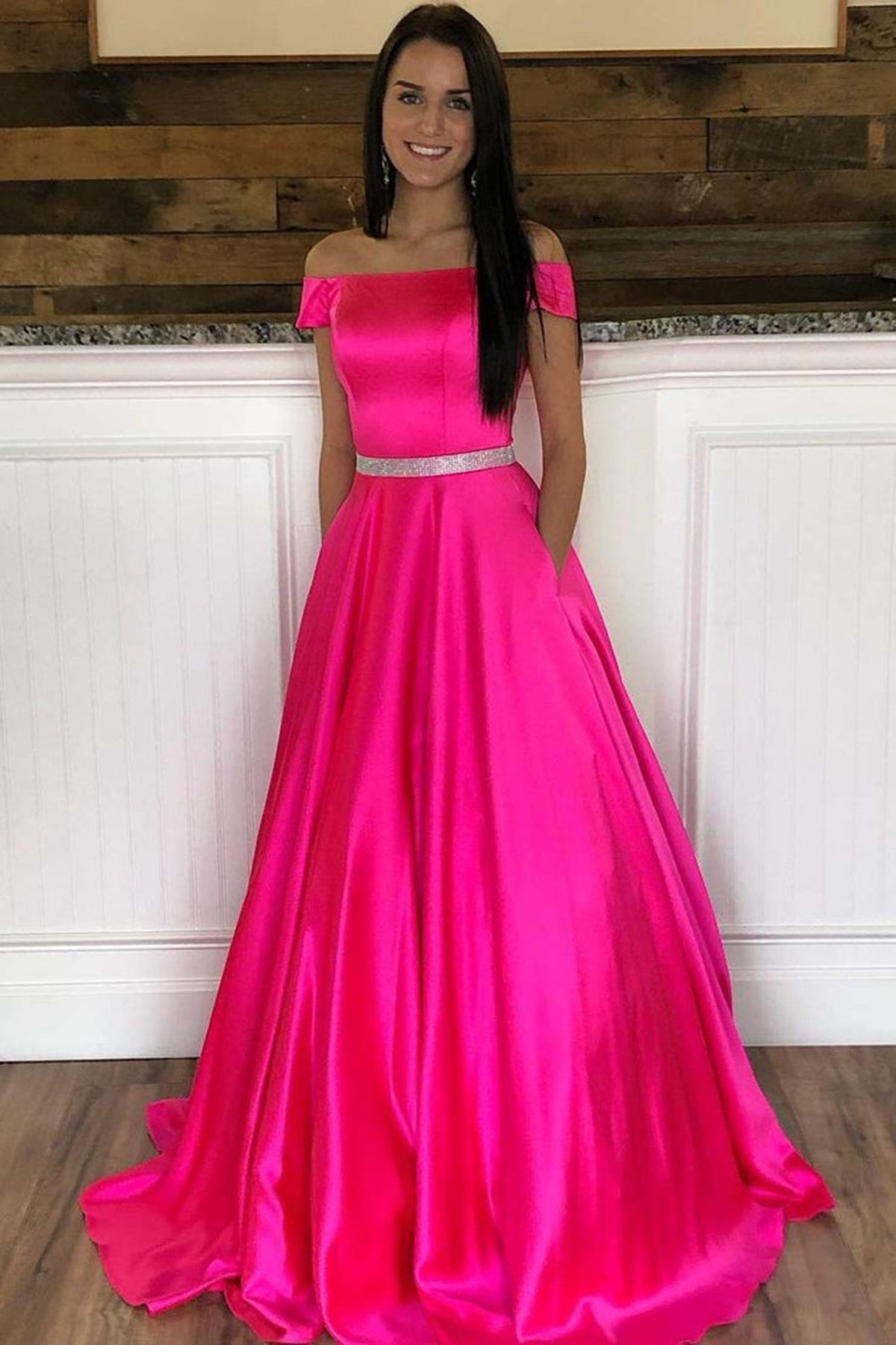 Off Shoulder Hot Pink Satin Long Prom Dresses with Belt, Hot Pink Form Eip Collection Off Shoulder Hot Pink Satin Long Prom Dresses with Belt, Hot Pink Form Eip Collection