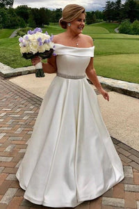 Off Shoulder Ivory Satin Long Prom Wedding Dresses with Belt, Off the Shoulder Ivory Formal Evening Dresses EP1600