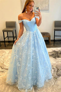 Off Shoulder Light Blue Lace Long Prom Dresses, Light Blue Lace Formal Graduation Evening Dresses EP1741