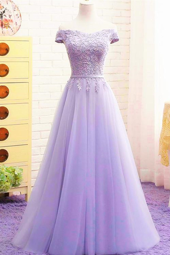 light purple colour dress Zapaka Women Prom A Line Spaghetti Straps Floral Tulle Long Formal Dress, Lilac / S Inner Fabric Off Shoulder Light Purple Lace