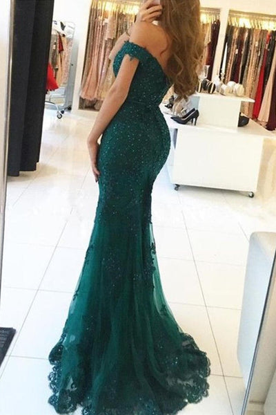 Off Shoulder Mermaid Green Lace Beaded Long Prom Dresses, Mermaid Green Formal Dresses, Green Lace Evening Dresses EP1663