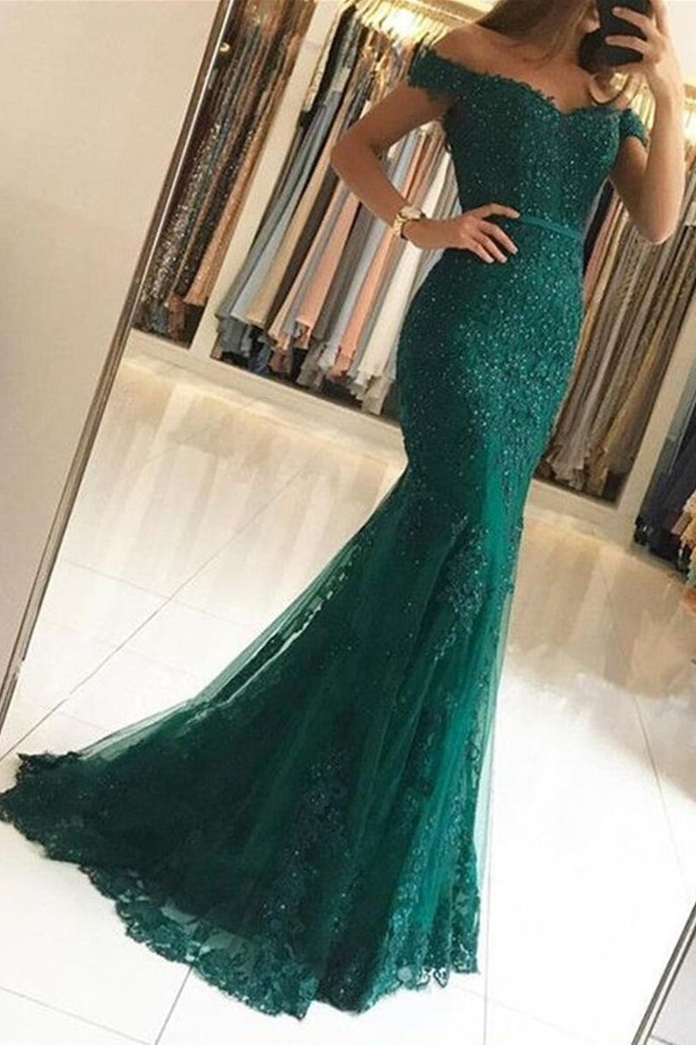 Off Shoulder Mermaid Green Lace Beaded Long Prom Dresses, Mermaid Green Formal Dresses, Green Lace Evening Dresses EP1663
