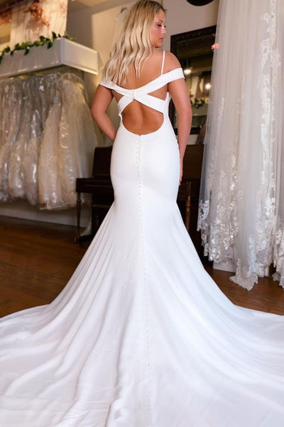 Off Shoulder Mermaid White Long Prom Dresses, Mermaid White Wedding Dresses, Long White Formal Evening Dresses