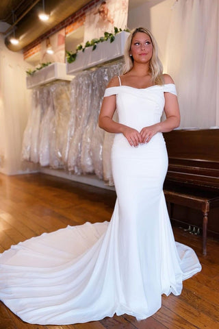 Off Shoulder Mermaid White Long Prom Dresses, Mermaid White Wedding Dresses, Long White Formal Evening Dresses