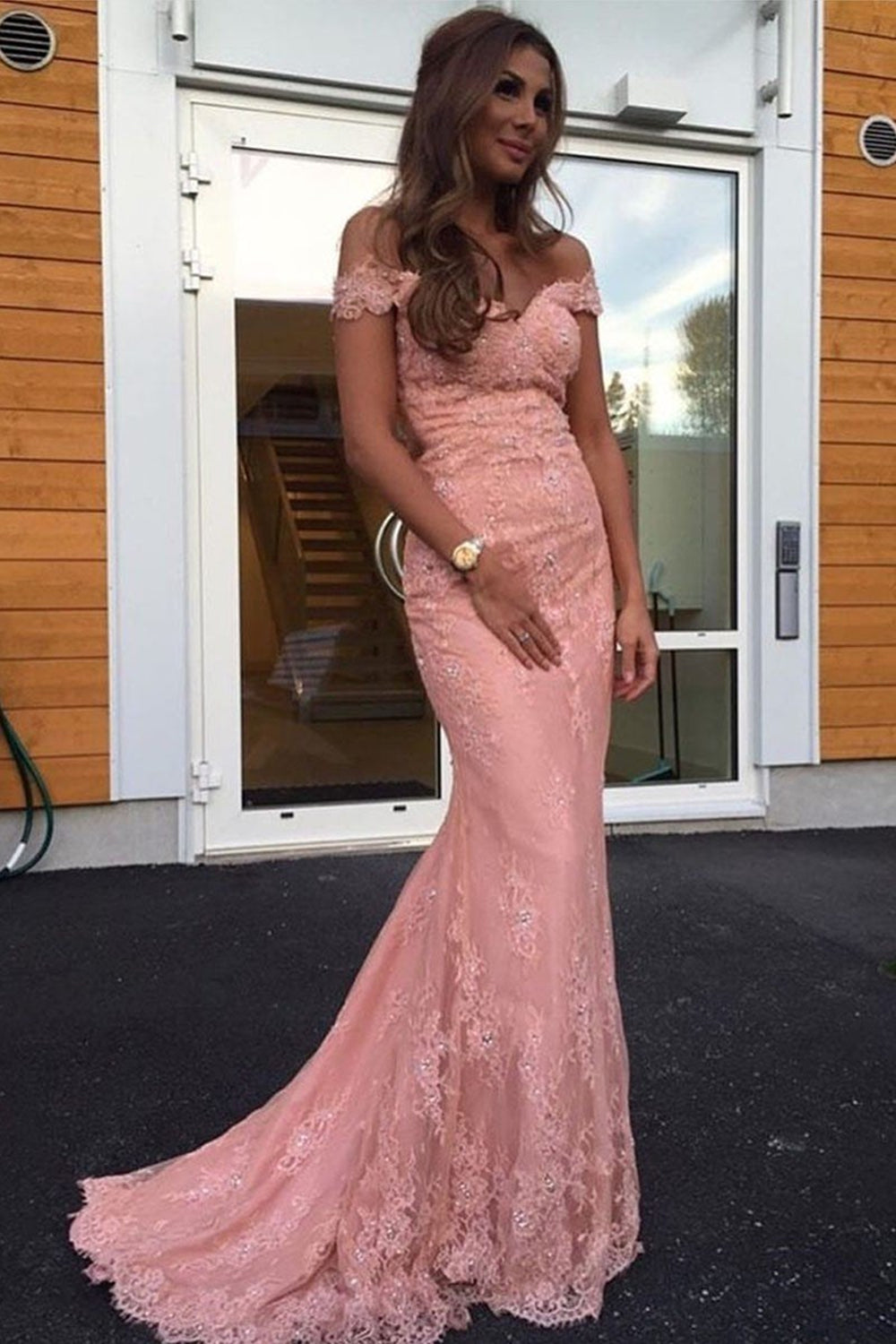 Pink lace off the shop shoulder dress