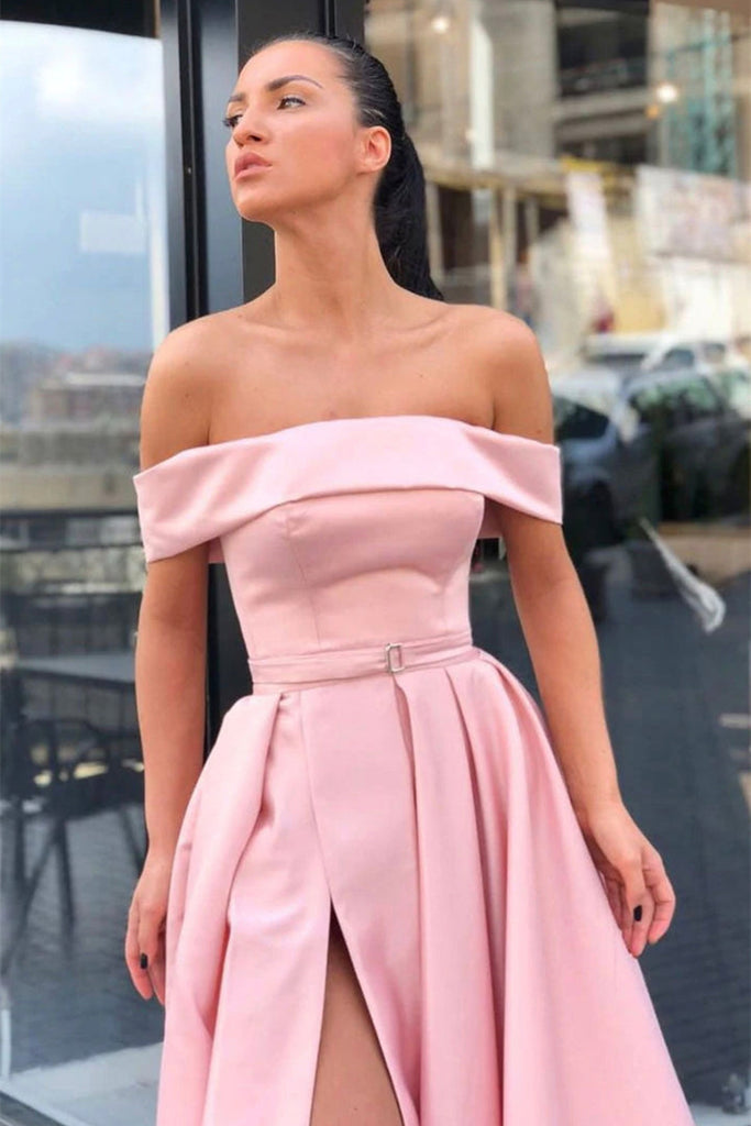 Off Shoulder Pink Satin Long Prom Dresses with High Slit, Off the Shou Eip Collection Off Shoulder Pink Satin Long Prom Dresses with High Slit, Off the Shou Eip Collection