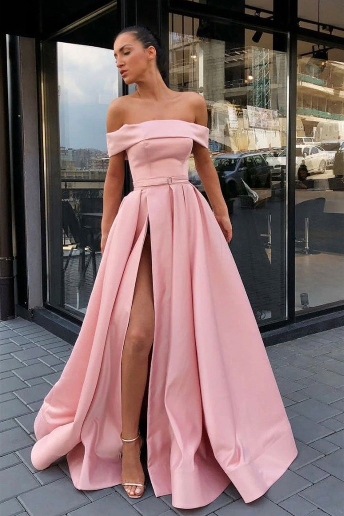 Off Shoulder Pink Satin Long Prom Dresses with High Slit, Off the Shou Eip Collection Off Shoulder Pink Satin Long Prom Dresses with High Slit, Off the Shou Eip Collection