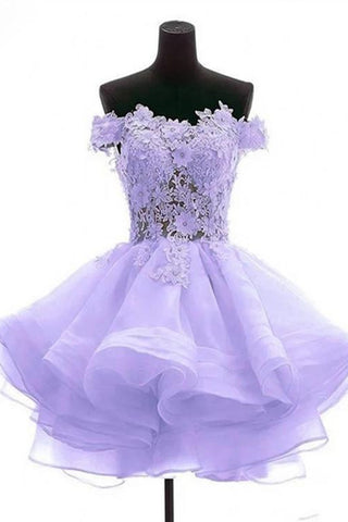 Off Shoulder Purple Lace Short Prom Dresses, Purple Lace Homecoming Dresses, Lavender Lace Formal Evening Dresses EP1395