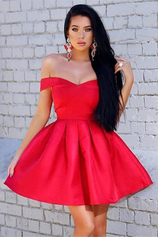 Off Shoulder Red Satin Short Prom Homecoming Dresses, Off the Shoulder Red Formal Graduation Evening Dresses EP1576