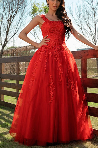 Off Shoulder Red Tulle Lace Long Prom Dresses, Red Lace Formal Dresses, Red Evening Dresses EP1725