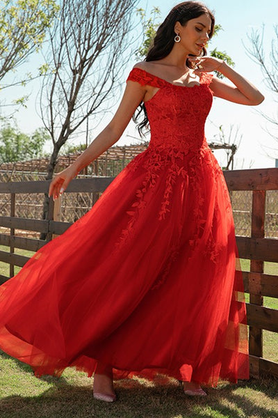 Off Shoulder Red Tulle Lace Long Prom Dresses, Red Lace Formal Dresses, Red Evening Dresses EP1725