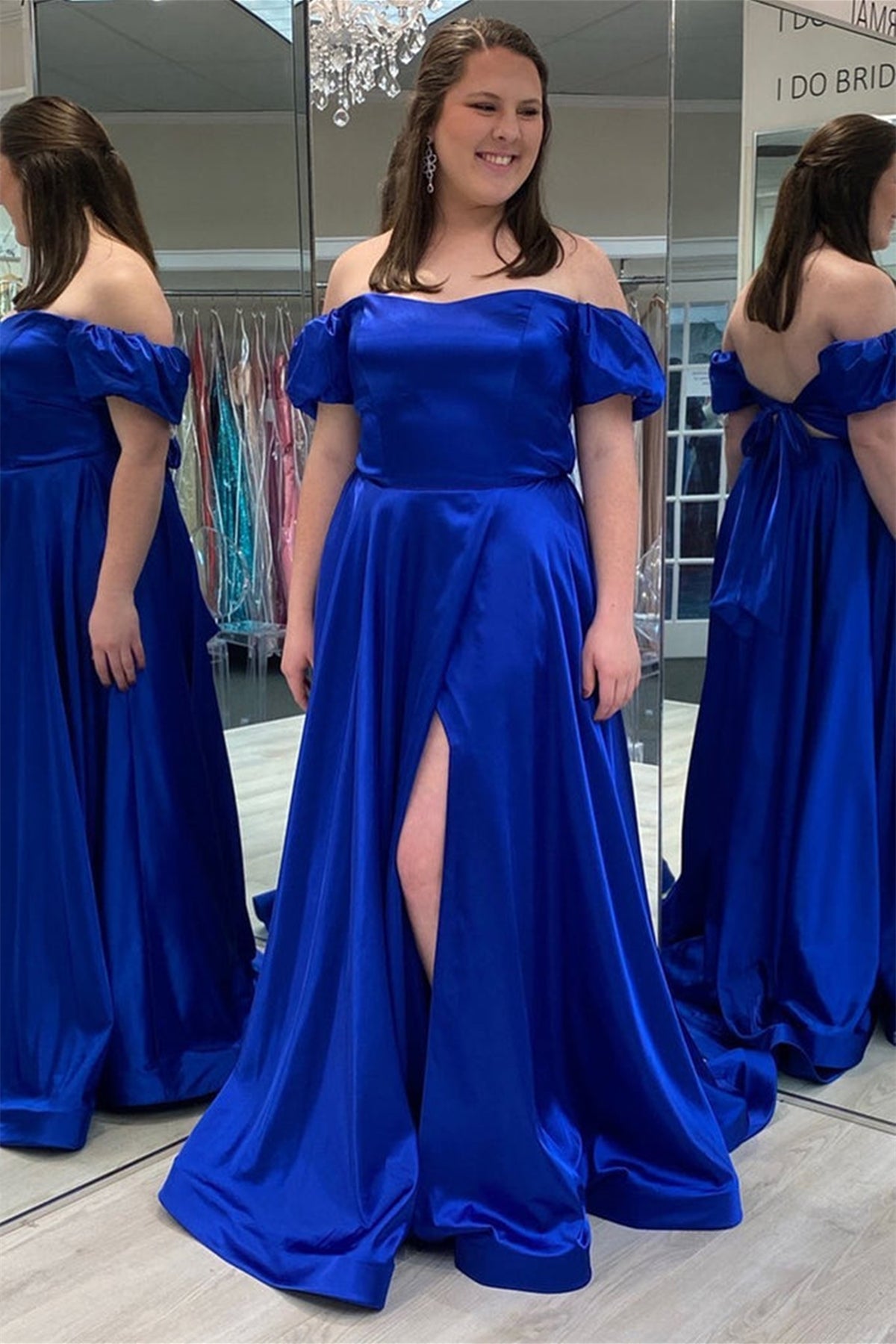 Off Shoulder Royal Blue Satin Long Prom Dresses with High Slit, Long R Eip Collection Off Shoulder Royal Blue Satin Long Prom Dresses with High Slit, Long R Eip Collection
