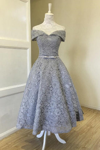 Off Shoulder Tea Length Gray Lace Prom Dresses, Off the Shoulder Gray Homecoming Dresses, Gray Lace Formal Evening Dresses EP1385