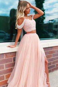 Off Shoulder Two Pieces Pink Lace Prom Dresses, 2 Pieces Pink Formal Dresses, Pink Lace Evening Dresses EP1412
