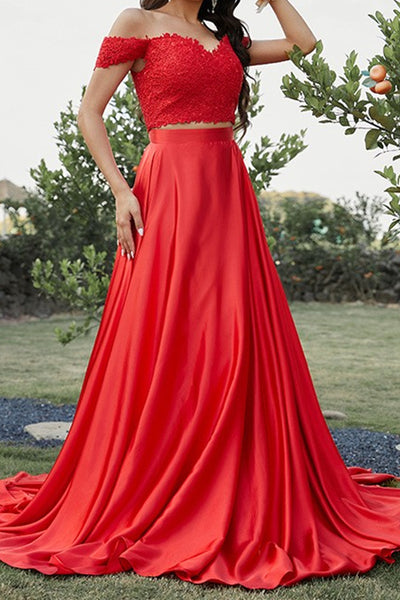 Off Shoulder Two Pieces Red Lace Long Prom Dresses, 2 Pieces Red Formal Dresses, Red Lace Evening Dresses EP1711