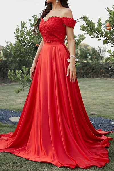 Off Shoulder Two Pieces Red Lace Long Prom Dresses, 2 Pieces Red Formal Dresses, Red Lace Evening Dresses EP1711