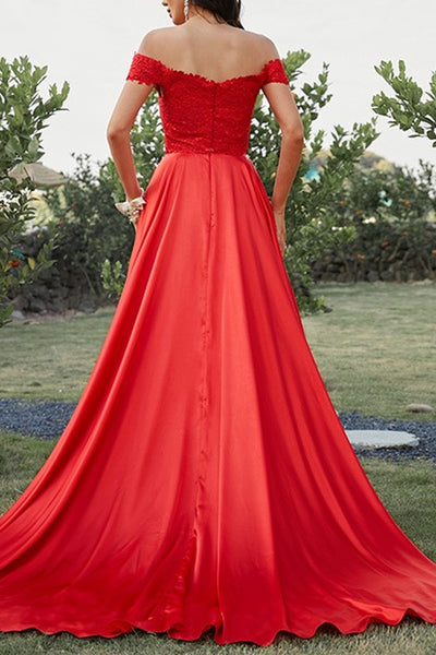 Off Shoulder Two Pieces Red Lace Long Prom Dresses, 2 Pieces Red Formal Dresses, Red Lace Evening Dresses EP1711