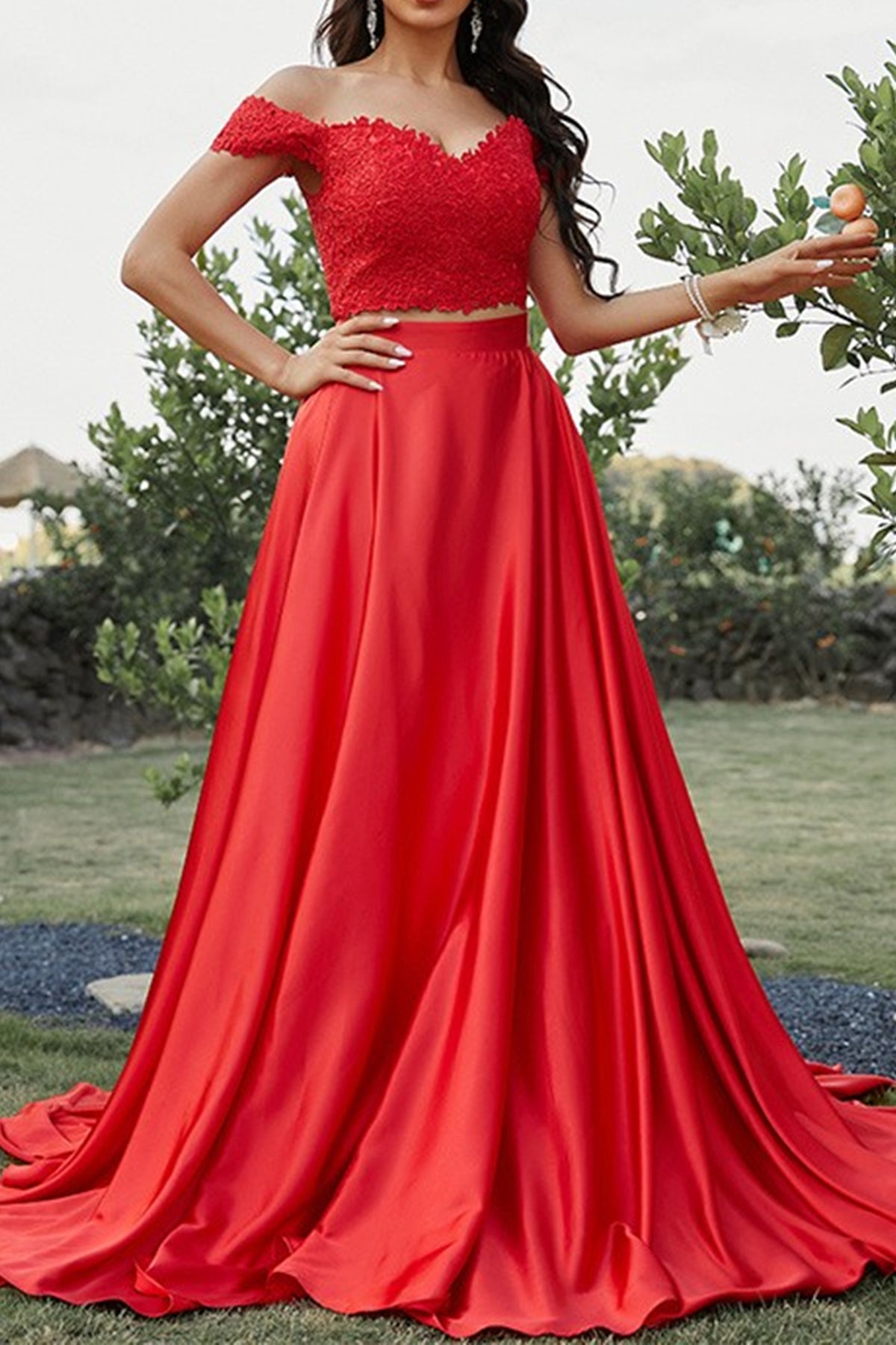 Lace Pretty Piece Prom Dresses Off Shoulder Two Pieces Red Lace Long Prom Dresses, Pieces Red Lace Pretty Piece Prom Dresses Off Shoulder Two Pieces Red Lace Long Prom Dresses, Pieces Red