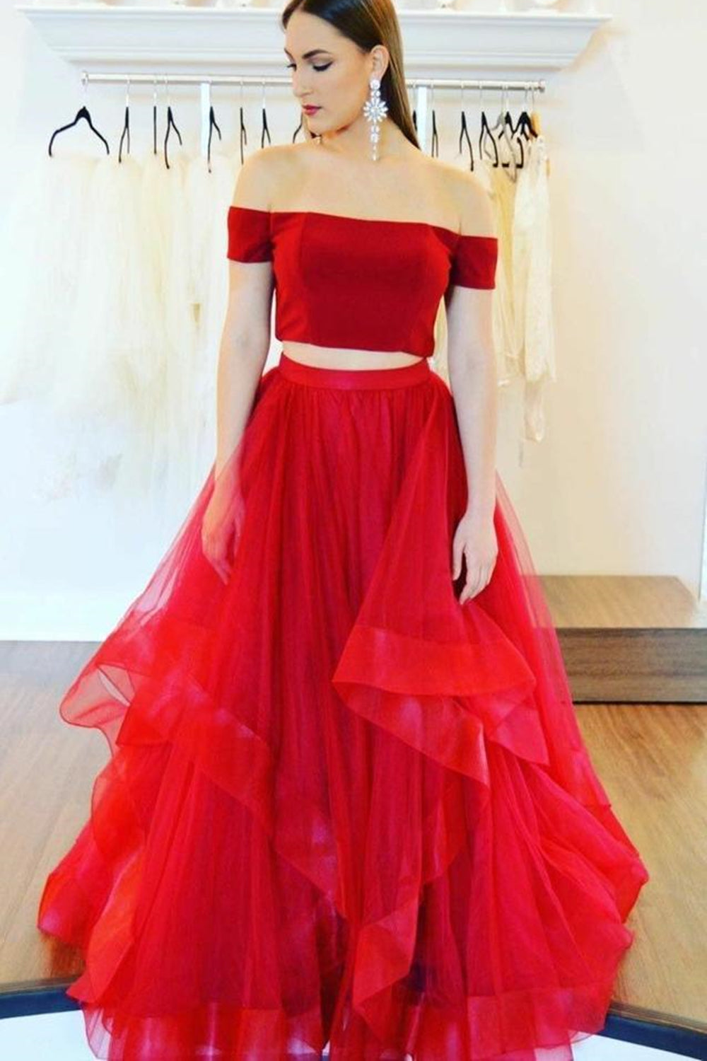 Off Shoulder Two Pieces Red Long Prom Dresses, 2 Pieces Red Formal Dresses, Off the Shoulder Red Evening Dresses EP1477