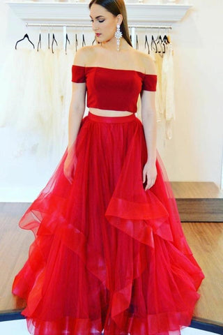 Off Shoulder Two Pieces Red Long Prom Dresses, 2 Pieces Red Formal Dresses, Off the Shoulder Red Evening Dresses EP1477