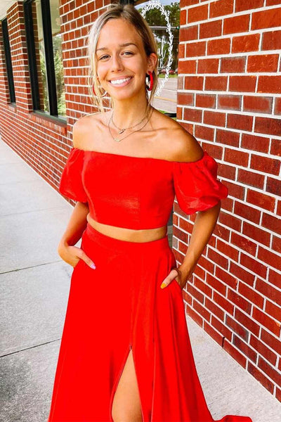 Off Shoulder Two Pieces Red Satin Long Prom Dresses with High Slit, 2 Pieces Red Formal Graduation Evening Dresses EP1836