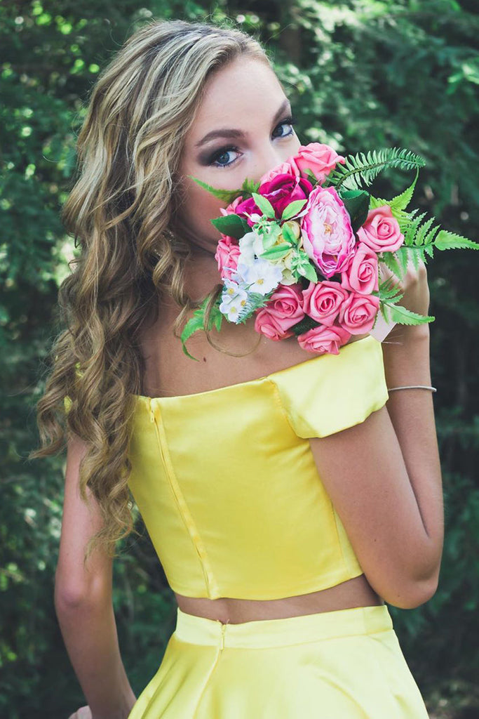 Off Shoulder Two Pieces Yellow Satin Short Prom Homecoming Dresses, Of Eip Collection Off Shoulder Two Pieces Yellow Satin Short Prom Homecoming Dresses, Of Eip Collection