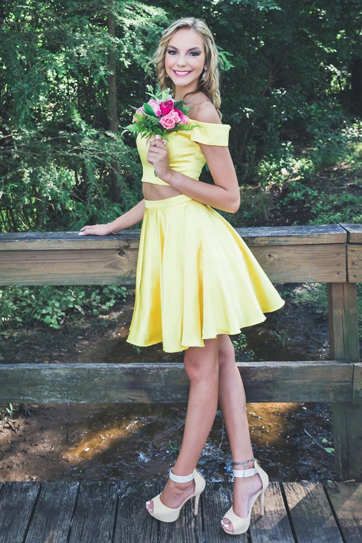 Off Shoulder Two Pieces Yellow Satin Short Prom Homecoming Dresses, Of Eip Collection Off Shoulder Two Pieces Yellow Satin Short Prom Homecoming Dresses, Of Eip Collection