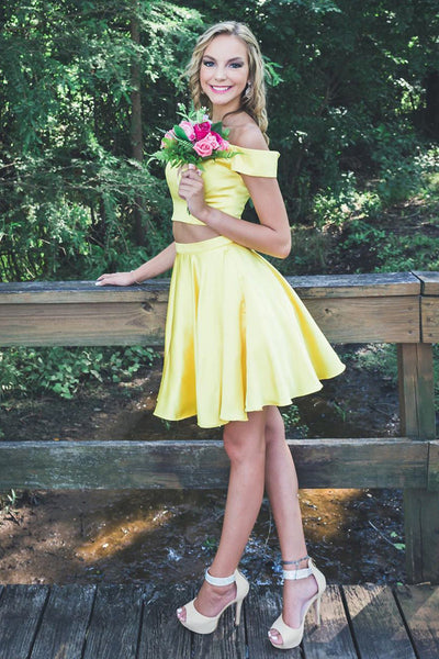 Off Shoulder Two Pieces Yellow Satin Short Prom Homecoming Dresses, Off the Shoulder Yellow Formal Graduation Evening Dresses EP1882