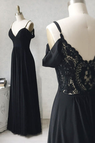 Off Shoulder V Neck Black Long Prom Dress with Lace Back, Off the Shoulder Black Formal Dress, Black Lace Evening Dress