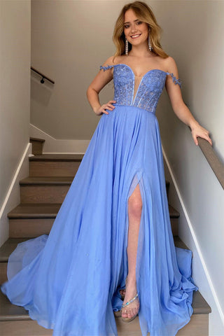 Off Shoulder V Neck Blue Lace Long Prom Dresses with High Slit, Blue Lace Formal Dresses, Blue Chiffon Evening Dresses EP1827