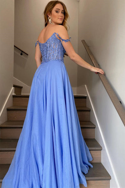 Off Shoulder V Neck Blue Lace Long Prom Dresses with High Slit, Blue Lace Formal Dresses, Blue Chiffon Evening Dresses EP1827
