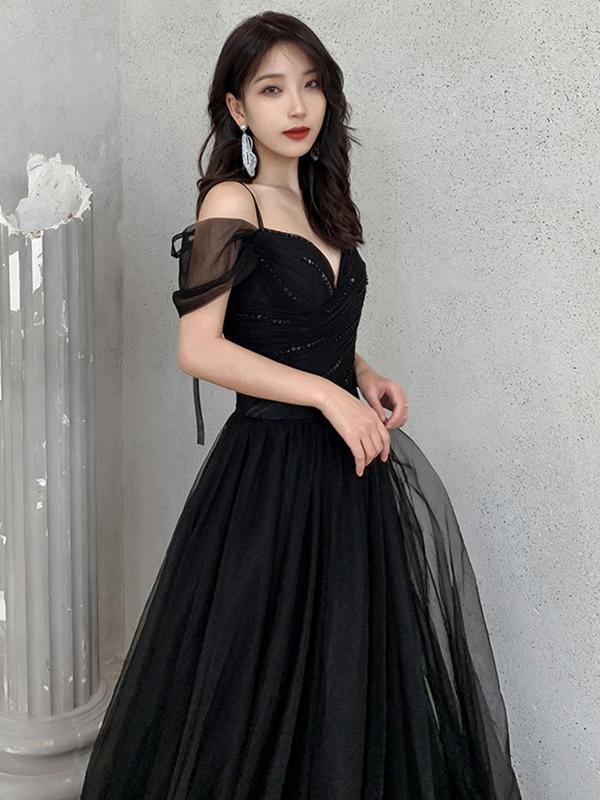 Off the Shoulder Black Long Prom Dresses, Black Off Shoulder Formal Ev