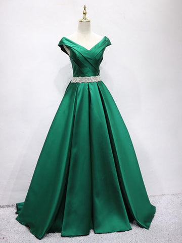 Off the Shoulder Green Long Prom Dress with Corset Back, Off Shoulder Long Green Formal Evening Dresses