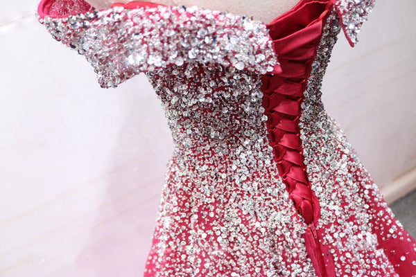 Off the Shoulder Red Long Prom Gown, Off the Shoulder Red Beaded Formal Evening Dresses