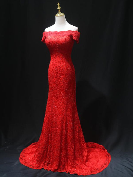 Off the Shoulder Red Mermaid Lace Prom Dresses, Red Mermaid Lace Formal Bridesmaid Dresses