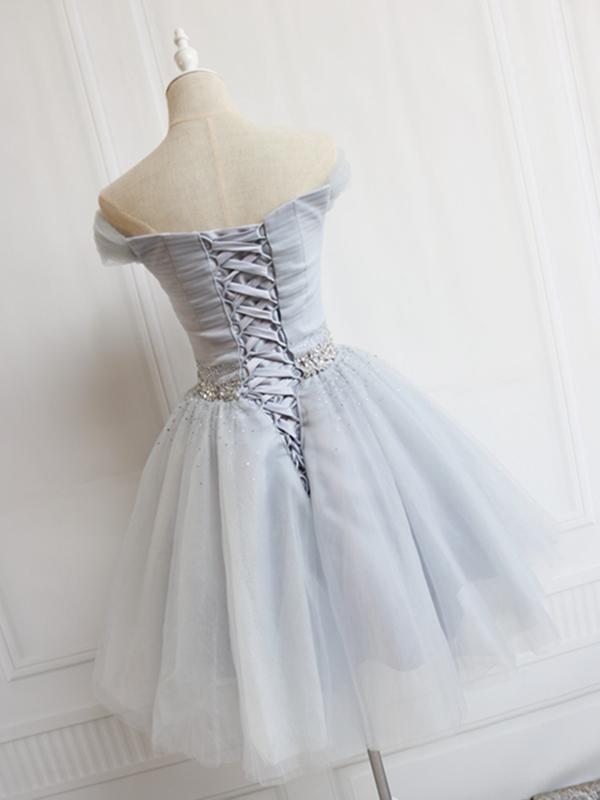 Off the Shoulder Short Gray Prom Dresses with Coset Back, Short Beaded –  Eip Collection
