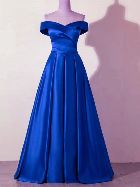 Off the Shoulder Yellow Blue Satin Long Prom Dresses, Yellow Blue Satin Formal Bridesmaid Dresses