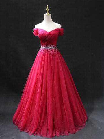 Off the Shoulder Burgundy Prom Dresses with Beaded Belt, Wine Red Long Formal Evening Dresses