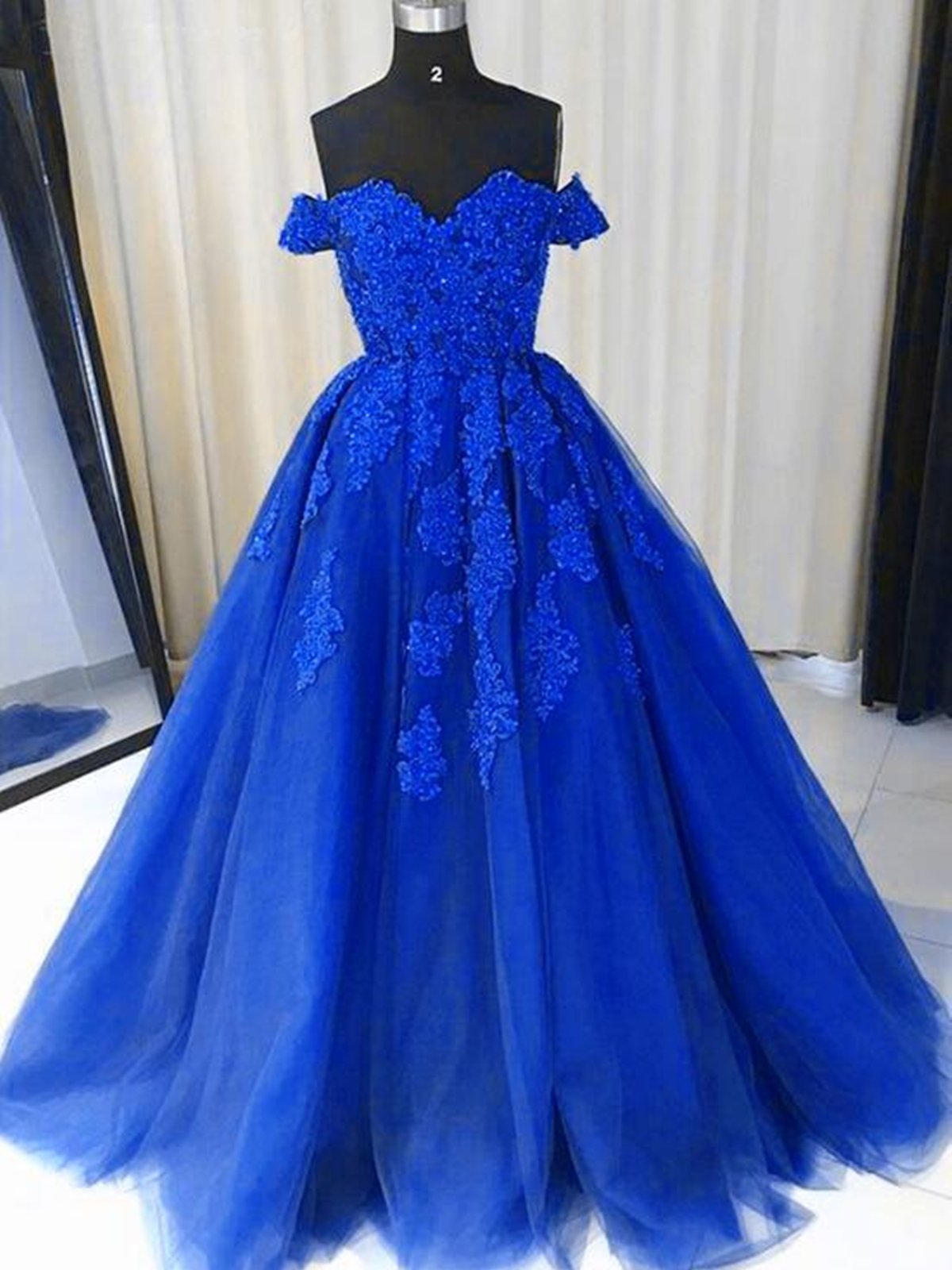 Off the Shouler Royal Blue Lace Prom Dresses, Off Shoulder Blue Lace Formal Evening Dresses