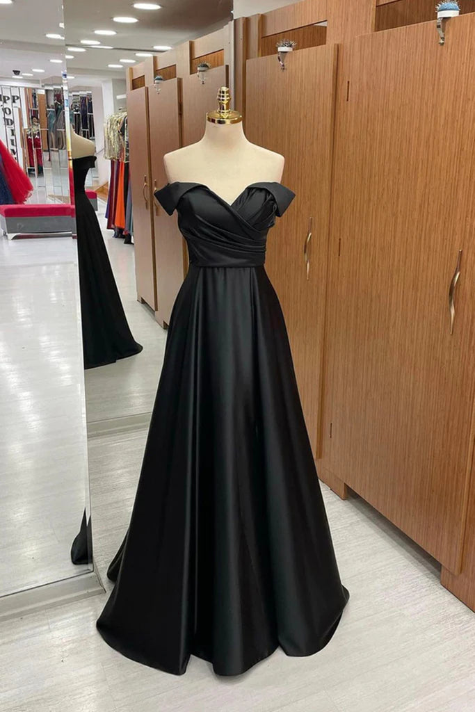 Off the Shoulder Black Satin Long Prom Dresses, Black Off Shoulder For